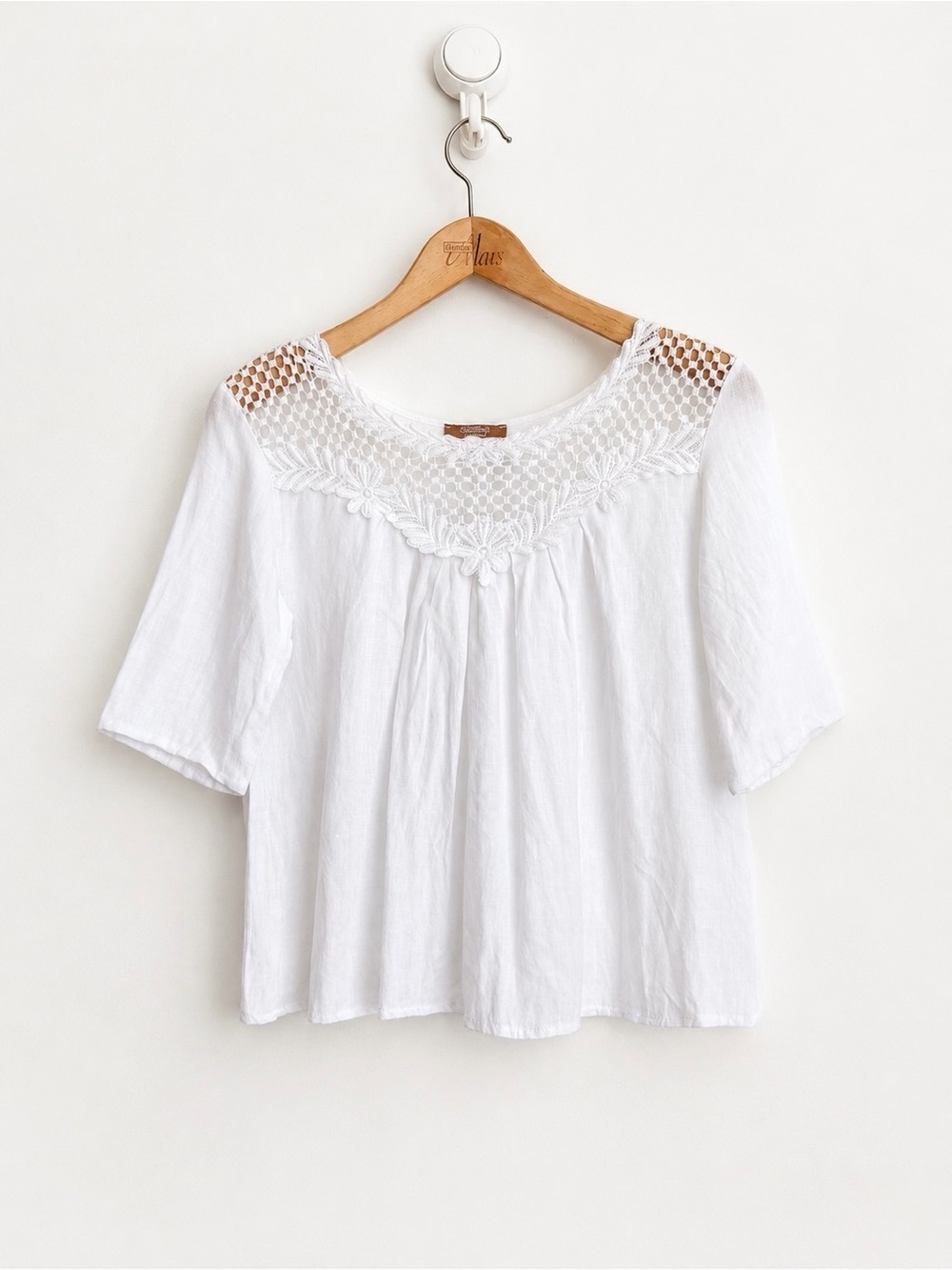 Carla Conti White Linen Crochet Lace Blouse Dainty Coastal XS